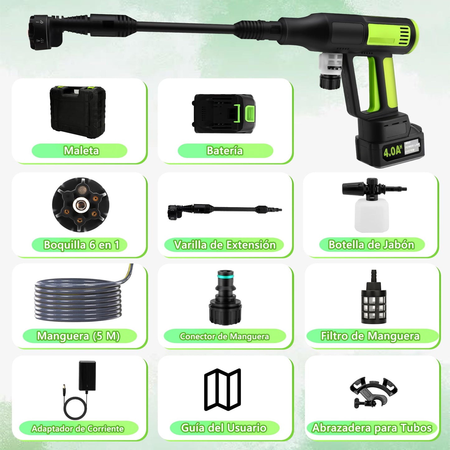 Hidrolimpiadora Inalámbrica 1000 PSI – Motor sin Escobillas, Pantalla LED, 4 Velocidades, Boquilla 6 en 1, Manguera de 5 m, con Cargador – Verde