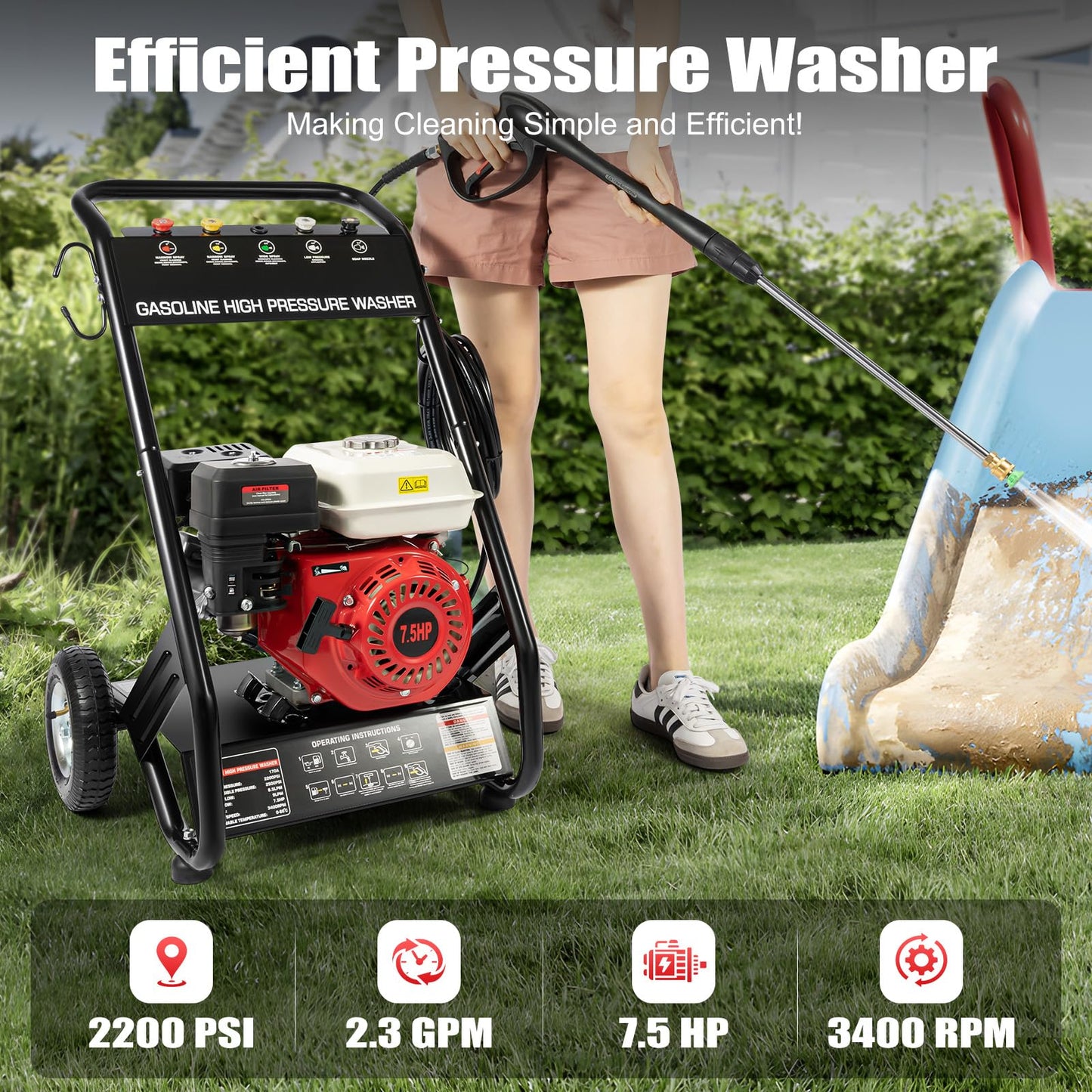 Hidrolimpiadora de Alta Presión a Gasolina 7,5 CV – 170-190 Bar, 2200 PSI, con Mangueras, Depósitos y 5 Boquillas, 3400 rpm para Suelos, Plantas y Vehículos