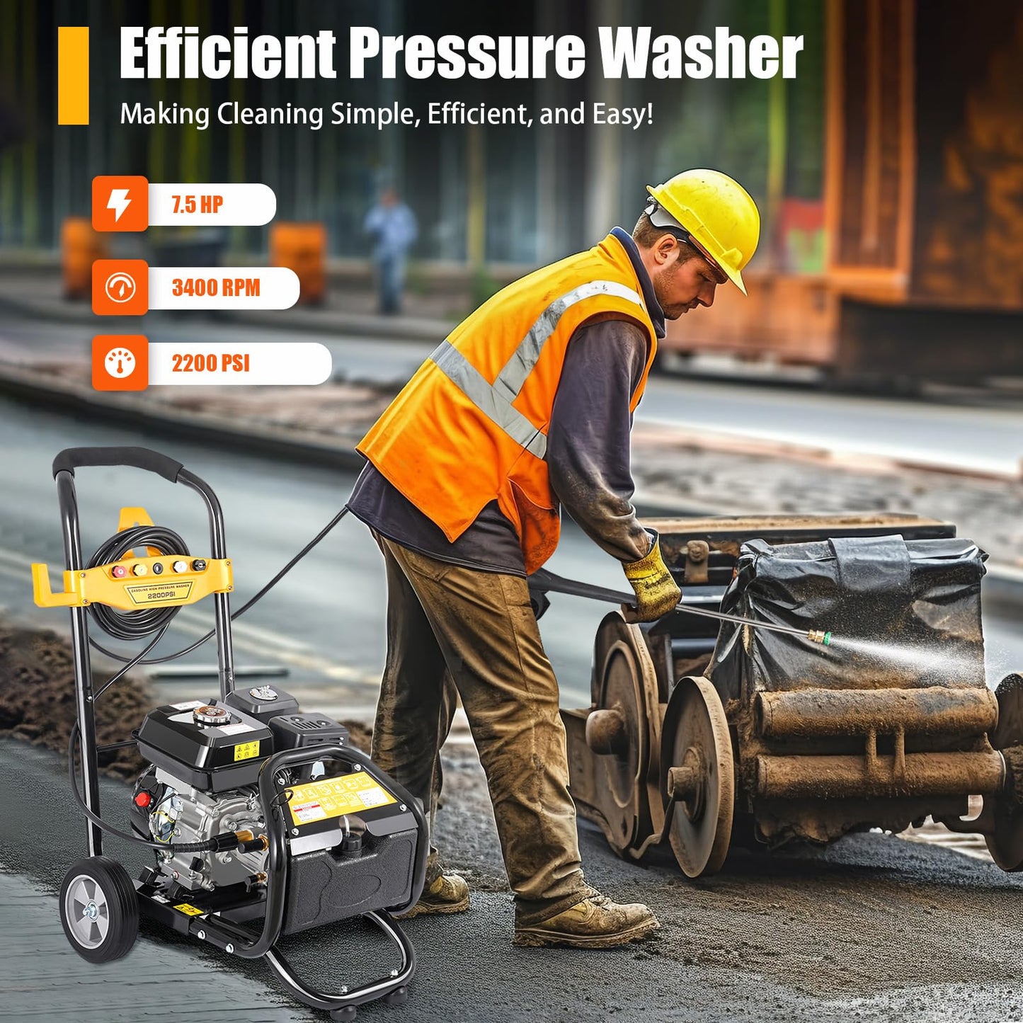 7.5HP Hidrolimpiadora Gasolina de Alta Presión Lavadora 3400RPM Lavadora Portátil, Incluyendo Cinco Boquillas Se Puede Utilizar Para La Limpieza De Suelos, Plantas, Vehículos, etc