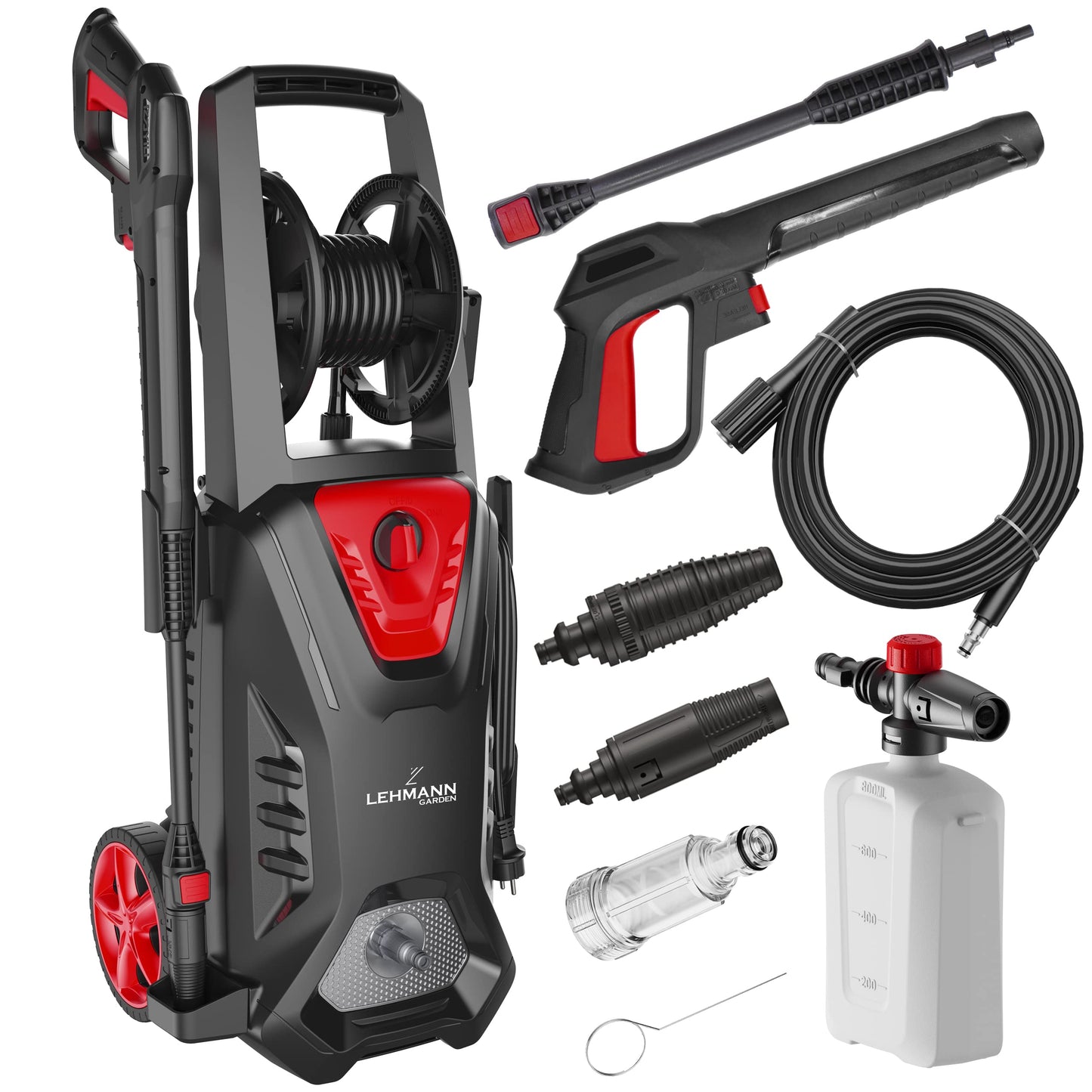 LEHMANN Missouri Hidrolimpiadora de Alta Presion, 2200 W, máx 240 Bar, Caudal de 480 l/h, Manguera de Alta Presión de 12 m, con Accesorios - Lanza de Espuma, Boquilla Ajustable, Boquilla Turbo