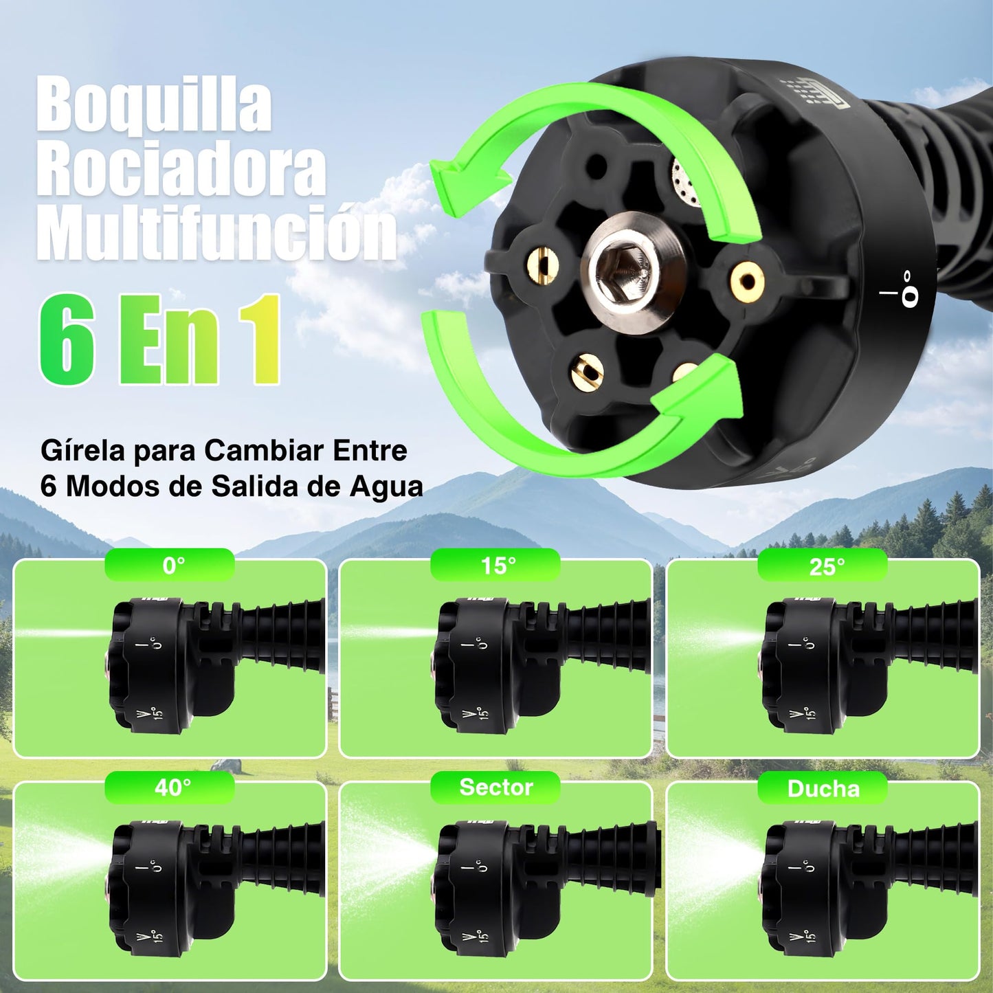 Hidrolimpiadora Inalámbrica 1000 PSI – Motor sin Escobillas, Pantalla LED, 4 Velocidades, Boquilla 6 en 1, Manguera de 5 m, con Cargador – Verde