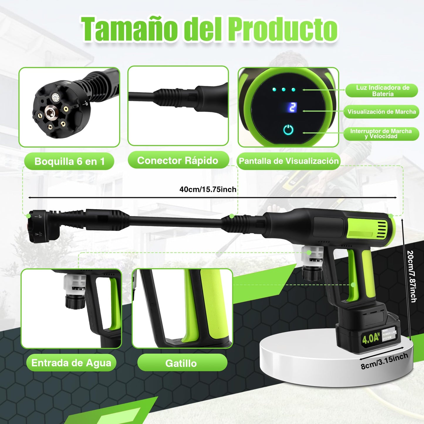 Hidrolimpiadora Inalámbrica 1000 PSI – Motor sin Escobillas, Pantalla LED, 4 Velocidades, Boquilla 6 en 1, Manguera de 5 m, con Cargador – Verde