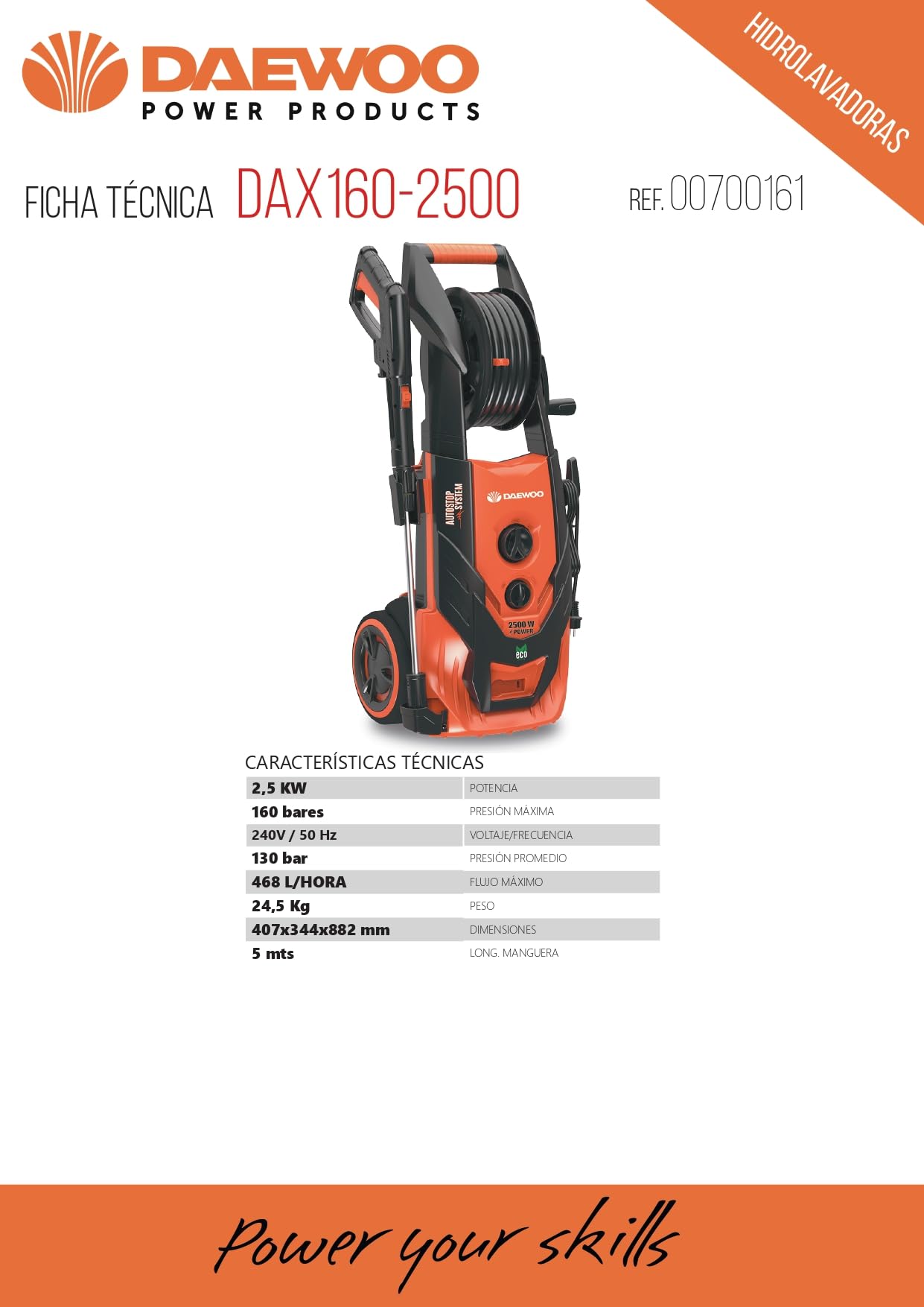 Daewoo Hidrolimpiadora Dax 160-2.500W - 195 Bar, 2.5 kW, Caudal Máximo 468 l/h, Incluye: Pistola, Lanza, Manguera, Conector Rápido y Botella Detergente 700.161