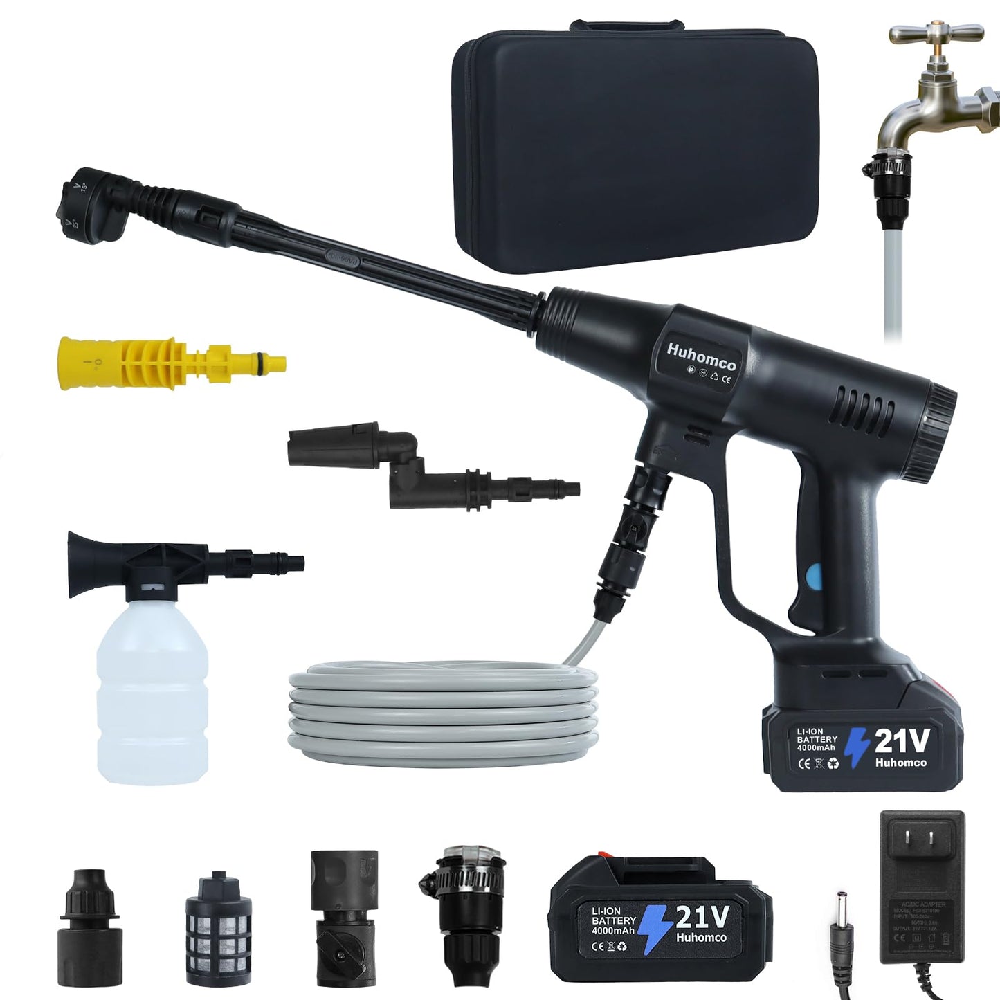 Huhomco Hidrolavadora a Batería Portátil, 1450 PSI / 100 Bar, con 2 Baterías de 4000 mAh y Cargador, Compacta y Apta para Lavado de Balcones y Coches