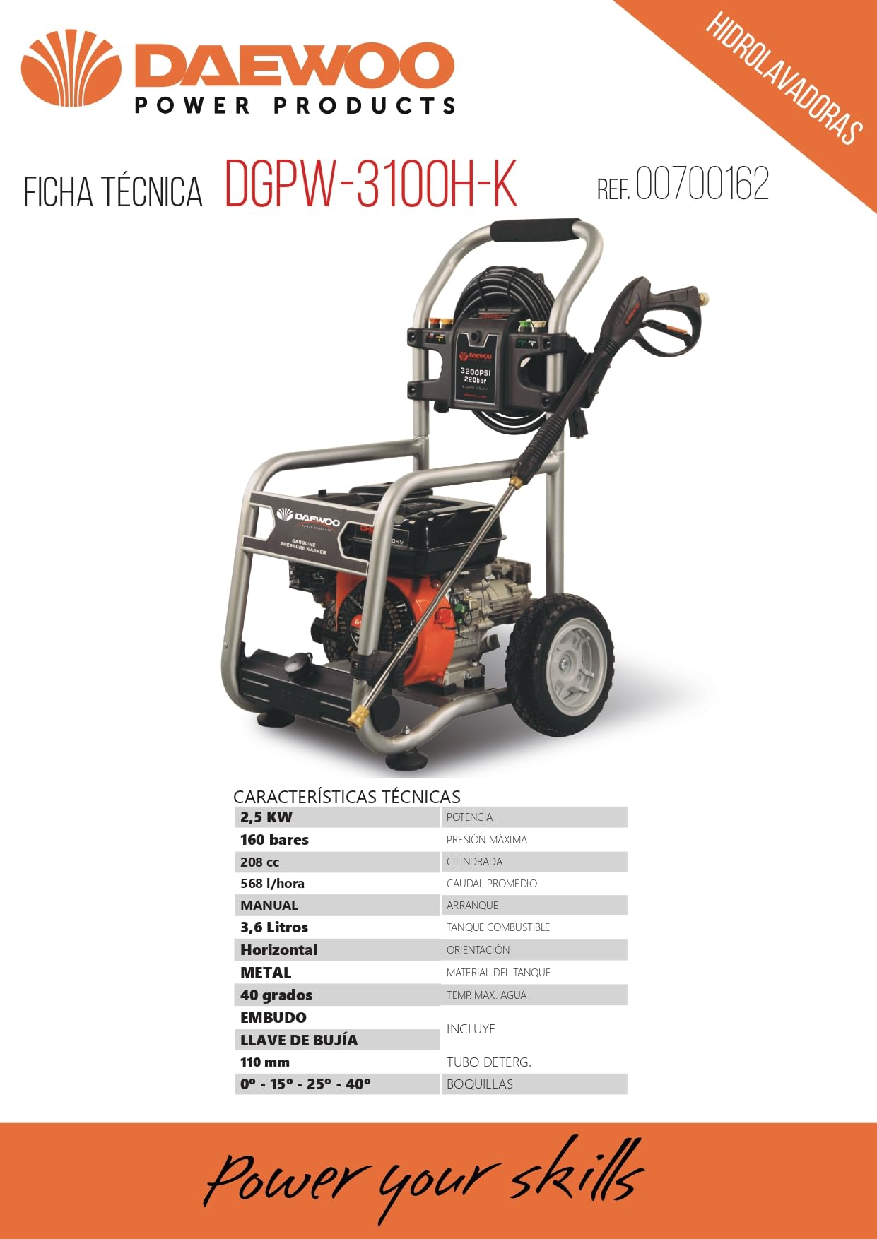 Hidrolimpiadora a Gasolina Daewoo DGPW-3100H-K – 160 Bares, 568 L/h, Motor 208 cc, Arranque Manual, Depósito 3,6 L, con Boquillas y Llave de Bujía | Ref. 700.162
