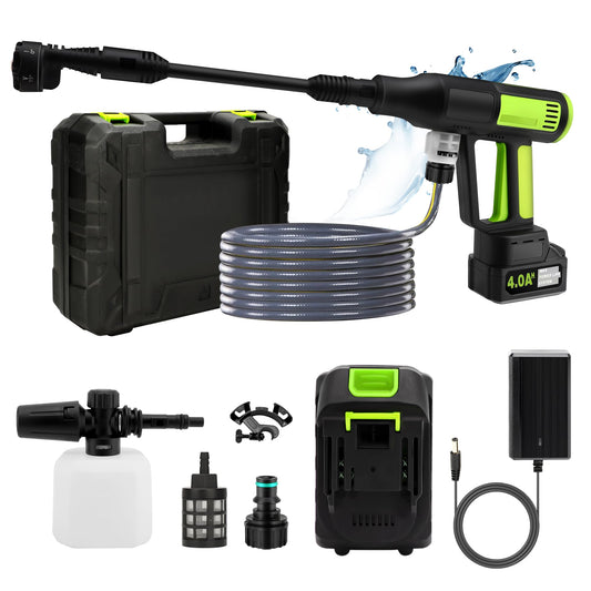 Hidrolimpiadora Inalámbrica 1000 PSI – Motor sin Escobillas, Pantalla LED, 4 Velocidades, Boquilla 6 en 1, Manguera de 5 m, con Cargador – Verde