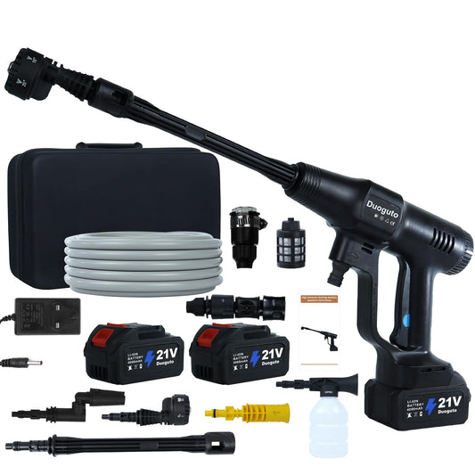 Duoguto Hidrolimpiadora de Alta Presión a Batería, 100 Bar, con 2 Baterías de 4000 mAh, Boquilla 6 en 1, Pistola Portátil para Jardín y Limpieza de Coches