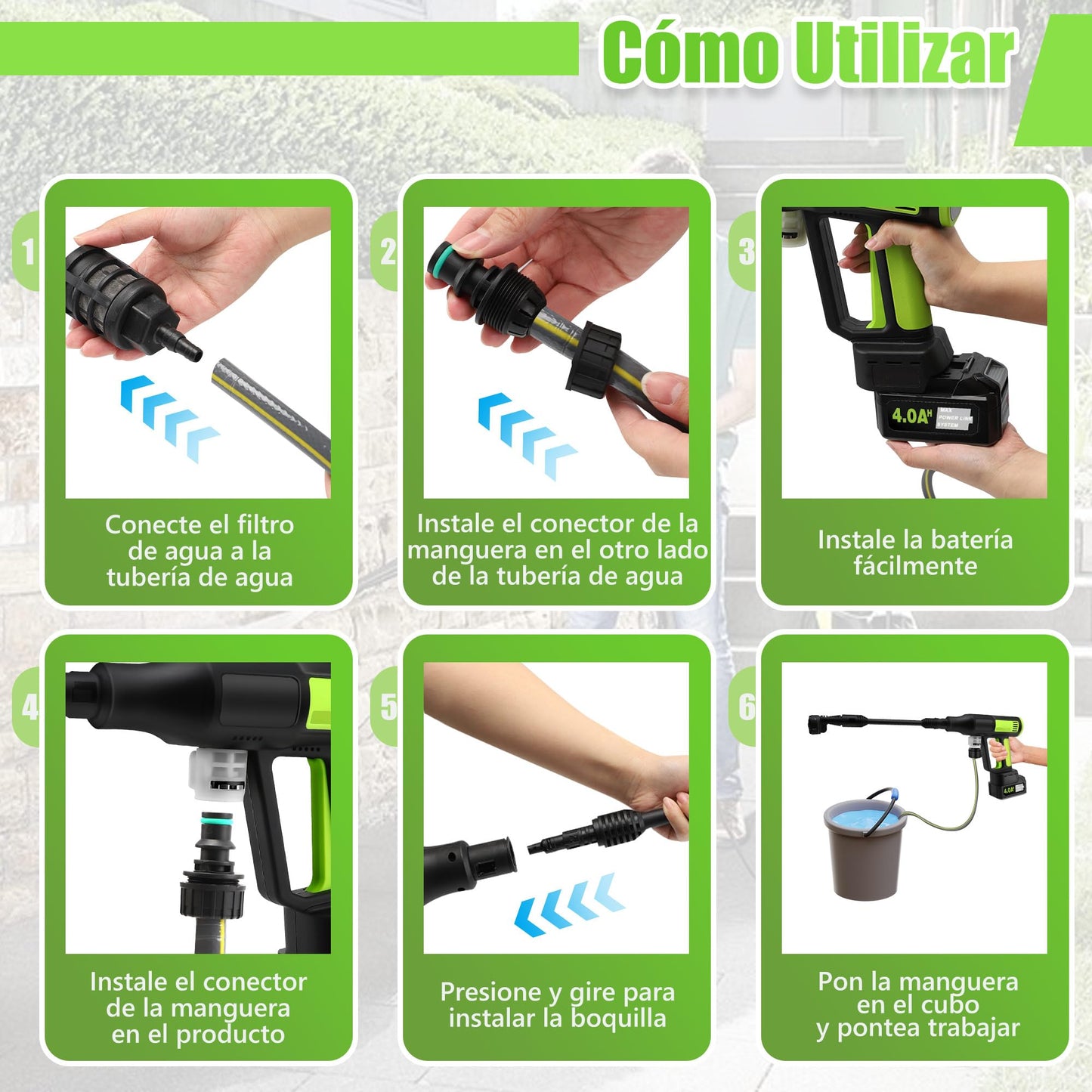 Hidrolimpiadora Inalámbrica 1000 PSI – Motor sin Escobillas, Pantalla LED, 4 Velocidades, Boquilla 6 en 1, Manguera de 5 m, con Cargador – Verde
