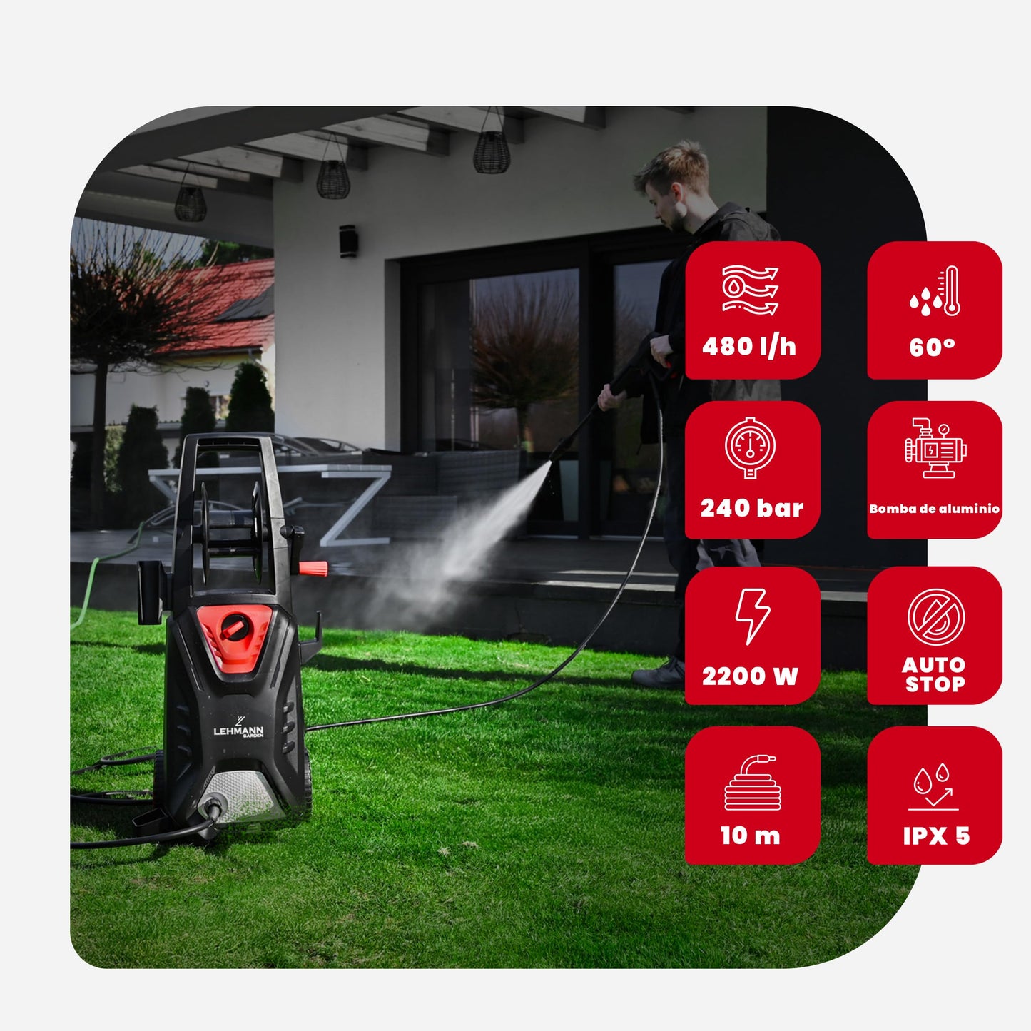 LEHMANN Missouri Hidrolimpiadora de Alta Presion, 2200 W, máx 240 Bar, Caudal de 480 l/h, Manguera de Alta Presión de 12 m, con Accesorios - Lanza de Espuma, Boquilla Ajustable, Boquilla Turbo